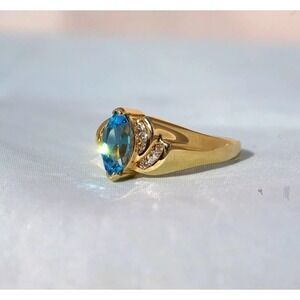 14K Solid Gold Natural Blue‎ Topaz Diamond Channel Ring Size 7.75 Marquise Swirl